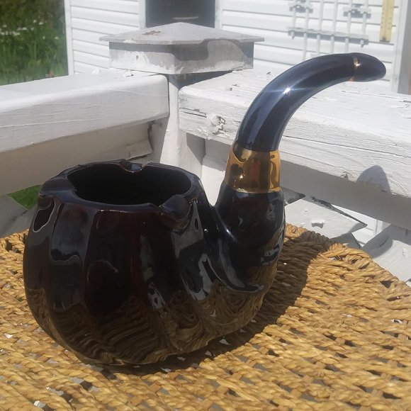 Vintage Brown Ceramic Pipe Shape Ashtray With Gold, Vintage Cigar Ashtray - Picture 1 of 6